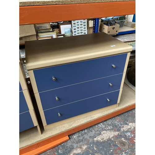 463 - A modern beech effect and blue painted office desk and matching chest of drawers