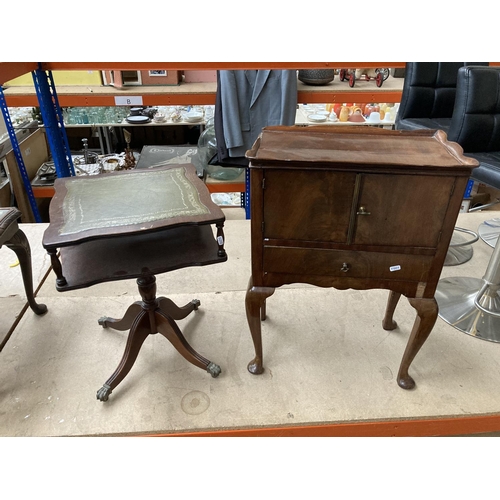 464 - Three items, a walnut cabinet, a mahogany coffee table with green leather insert and a mahogany side... 