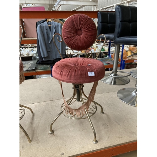 465 - Two vintage brass and pink upholstered boudoir chairs