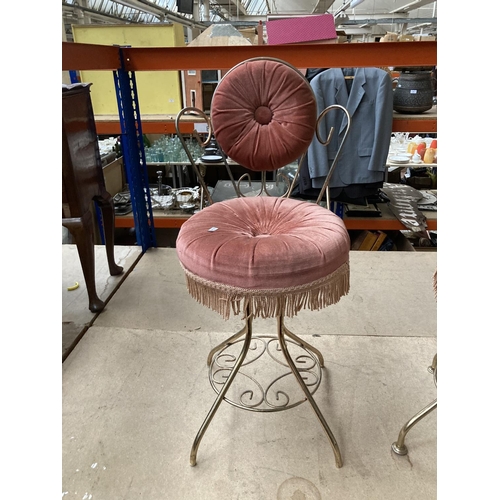 465 - Two vintage brass and pink upholstered boudoir chairs