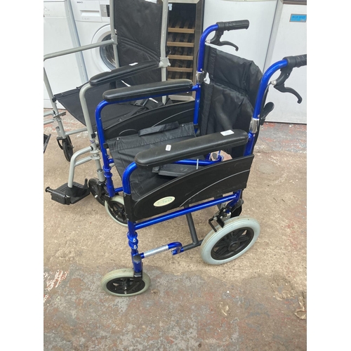 1115 - Two items, one blue and black Z-Tec folding transit wheelchair and one black Ableworld folding wheel... 