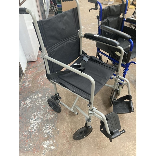 1115 - Two items, one blue and black Z-Tec folding transit wheelchair and one black Ableworld folding wheel... 