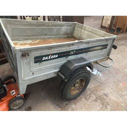 1124 - A galvanized Daxara 147 two wheeled car trailer approx. 5' x 3'4