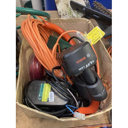 1154 - A mixed lot of electric and hand garden tools to include a green Bosch AHS41ACCU 14v cordless hedge ... 