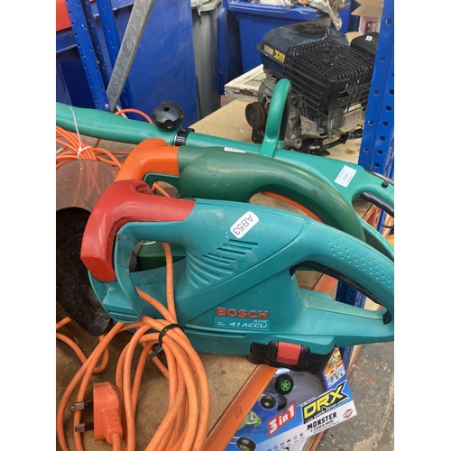 1154 - A mixed lot of electric and hand garden tools to include a green Bosch AHS41ACCU 14v cordless hedge ... 