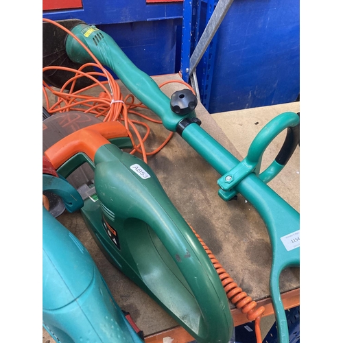 1154 - A mixed lot of electric and hand garden tools to include a green Bosch AHS41ACCU 14v cordless hedge ... 