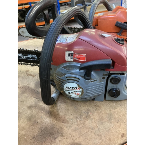 1158 - A red and grey Mitox 4518 petrol chainsaw with 17