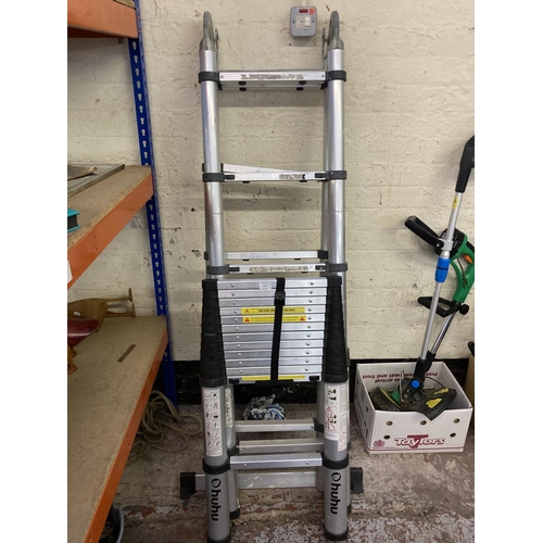 1177 - Two items, one grey Huhu telescopic ladder and one unbranded multipurpose telescopic ladder