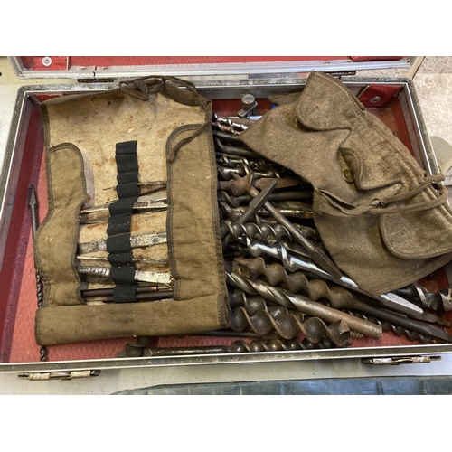 1178 - Two boxes and a briefcase containing wooden mallet, pop rivet gun, drill brace bits, ball-peen hamme... 