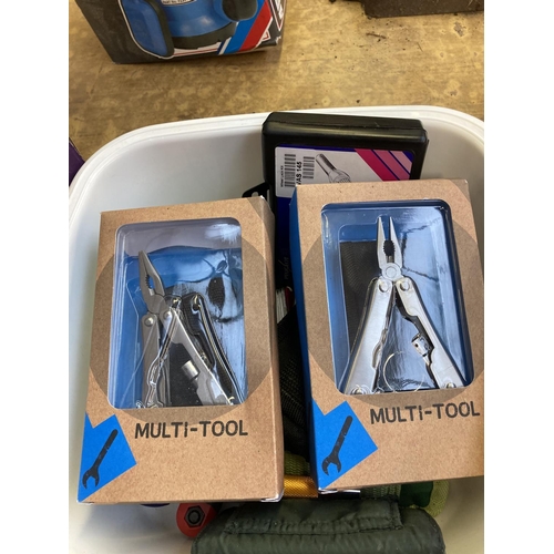 1192 - Two boxes of new items to include Rolson 2 piece mini multitool set, Adventuridge camping tool, Swis... 