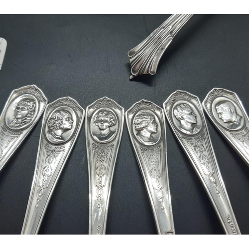 12 - A collection of stamped silver and plated ware to include Sheffield handled cake knife, tri-footed m... 