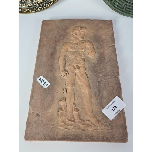 122 - Three pieces of European terracotta pottery, an Italian David plaque - approx. 25cm x 16.5cm, Greek ... 