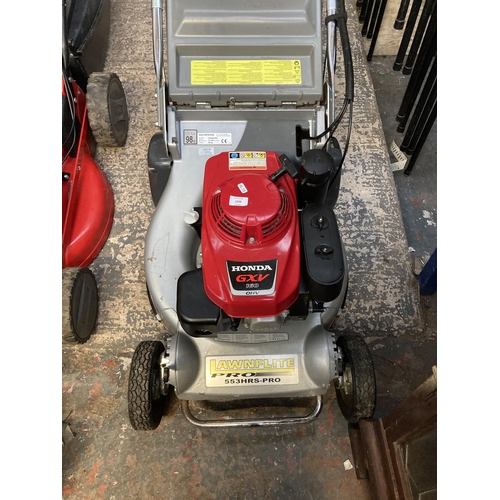 1223 - A red and grey Lawnflite Pro 553HRS petrol lawnmower with Honda GXV160 engine and grass collector