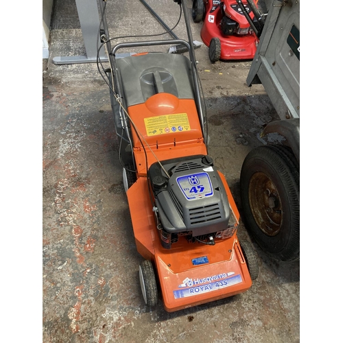 1226 - An orange and grey Husqvarna Royal 43S petrol lawnmower with Briggs & Stratton XTL45 engine and gras... 