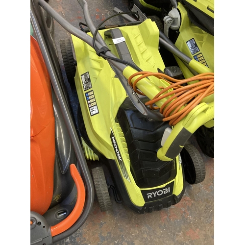 1229 - Three shop return black and green Ryobi electric lawnmowers, two RLM16E36H and one OLM1833B all with... 