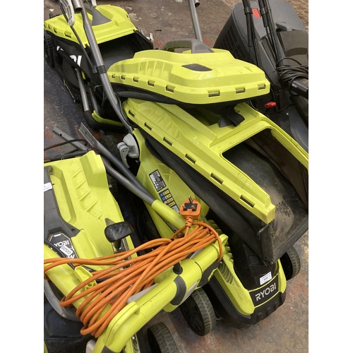 1229 - Three shop return black and green Ryobi electric lawnmowers, two RLM16E36H and one OLM1833B all with... 