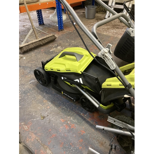 1229 - Three shop return black and green Ryobi electric lawnmowers, two RLM16E36H and one OLM1833B all with... 