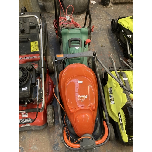 1230 - Two shop return electric lawnmowers, one black and green Qualcast and one orange and grey Flymo Easi... 