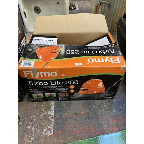 1232 - A boxed shop return orange and grey Flymo Turbo-Lite 250 electric hover mower