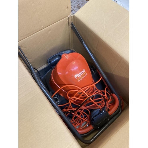 1232 - A boxed shop return orange and grey Flymo Turbo-Lite 250 electric hover mower