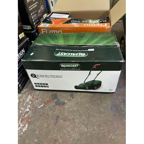 1233 - A boxed shop return black and green Qualcast QE32 1200w electric rotary mower