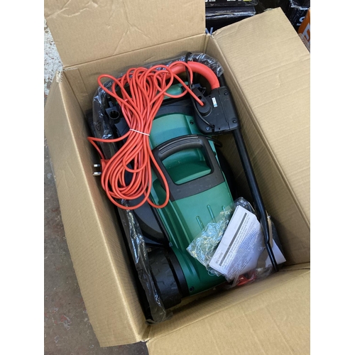 1233 - A boxed shop return black and green Qualcast QE32 1200w electric rotary mower