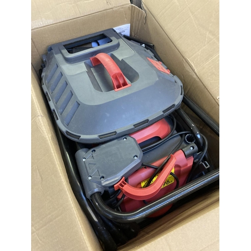 1235 - Two boxed shop return red and grey Sovereign 32cm 1000w push electric rotary lawnmower with grass co... 