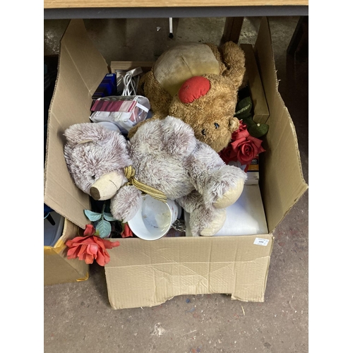 1259 - Six boxes containing soft toys, travel bags, glassware, hats etc.