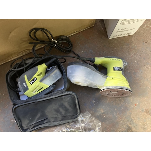 1261 - A mixed lot to include three green and grey Ryobi electric power tools, one ROS300 orbital sander, o... 