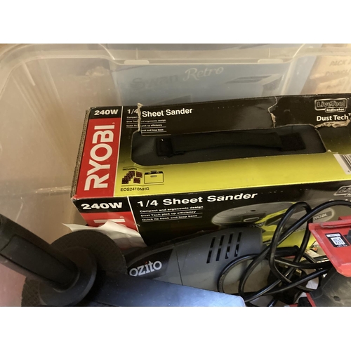 1261 - A mixed lot to include three green and grey Ryobi electric power tools, one ROS300 orbital sander, o... 