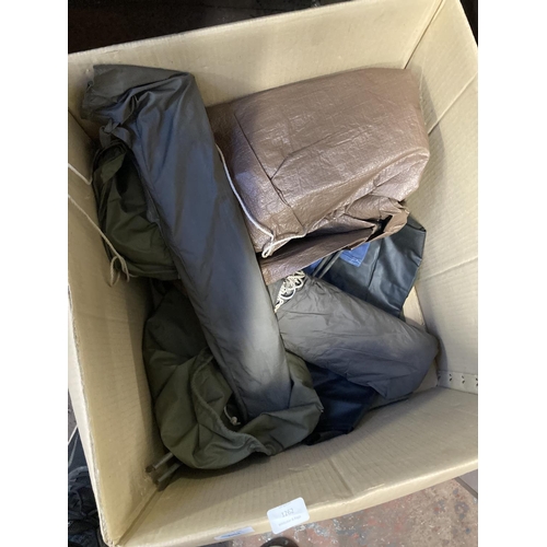 1262 - Six items, one box containing camping equipment to include bagged tent, camp bed, ground sheet, two ... 