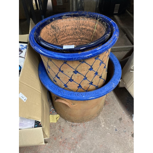 1263 - Four good quality glazed terracotta garden planters, three Spanish and one other