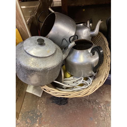 1265 - Six boxes containing large aluminium catering teapots, camera equipment, Dalvey hip flask, Zhu Zhu P... 