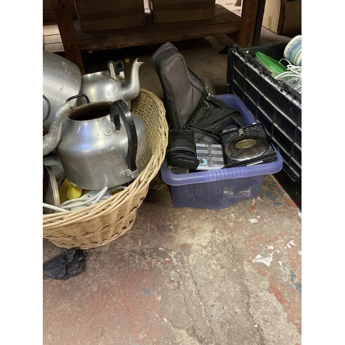 1265 - Six boxes containing large aluminium catering teapots, camera equipment, Dalvey hip flask, Zhu Zhu P... 