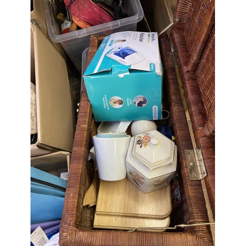 1266 - Five boxes and a wicker basket containing kitchenware, light bulbs, Wharfedale car CD head unit, non... 