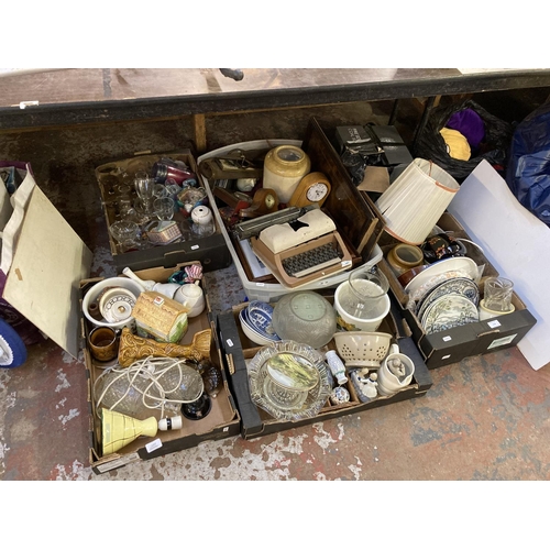 1268 - Six boxes containing salt glazed jar, glass decanter, wooden mantle clocks, vintage typewriter, glas... 