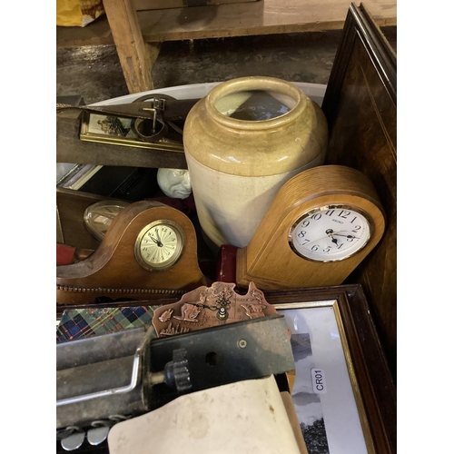 1268 - Six boxes containing salt glazed jar, glass decanter, wooden mantle clocks, vintage typewriter, glas... 