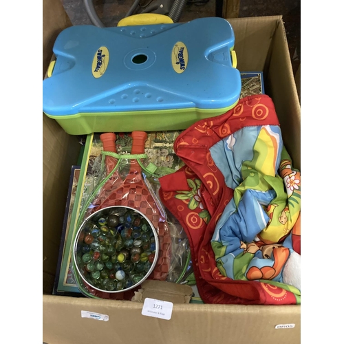 1271 - Two boxes containing kitchenware, jigsaw puzzles, vintage glass marbles etc.