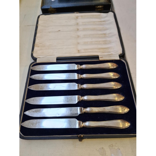 197 - Five cases of various cutlery to include a set of six hallmarked Sheffield silver handled knives