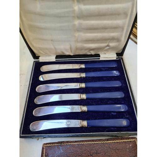 197 - Five cases of various cutlery to include a set of six hallmarked Sheffield silver handled knives