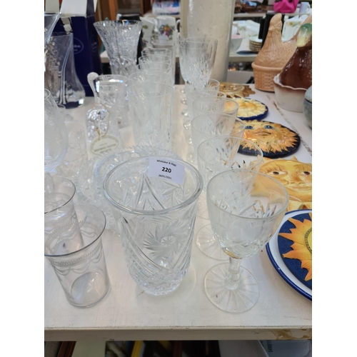 220 - Assorted glassware to include cut crystal vase, Royal Doulton crystal vase, Royal Doulton clock, dri... 