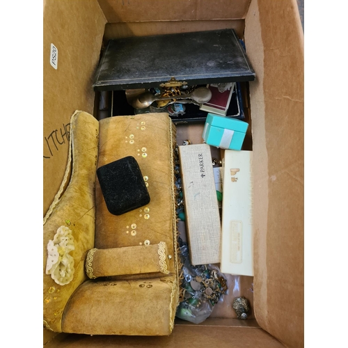 261 - A box containing mixed items to include costume jewellery, boxed Parker pen, novelty chaise lounge j... 