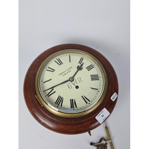 93 - A 19th century style 'French & Son of London' single fusee wall clock with painted GWR centre, pendu... 