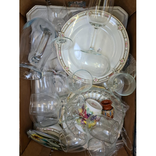 1273 - Two boxes containing glassware and dinnerware to include Palissy plates, Hennessey decanter, 1970s s... 