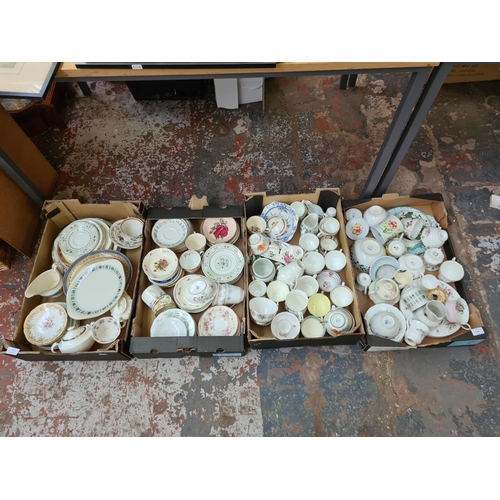 1280 - Four boxes of mixed china to include Paragon Victoria Rose, Royal Grafton, Elizabethan, Royal Doulto... 