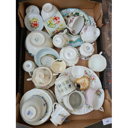 1280 - Four boxes of mixed china to include Paragon Victoria Rose, Royal Grafton, Elizabethan, Royal Doulto... 