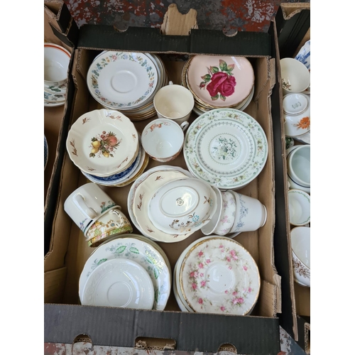 1280 - Four boxes of mixed china to include Paragon Victoria Rose, Royal Grafton, Elizabethan, Royal Doulto... 