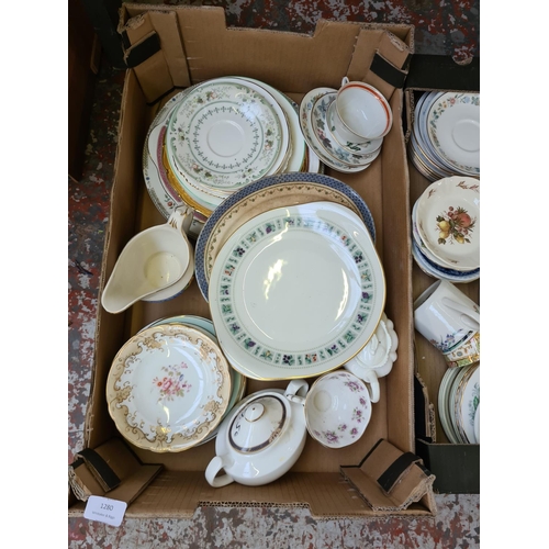 1280 - Four boxes of mixed china to include Paragon Victoria Rose, Royal Grafton, Elizabethan, Royal Doulto... 