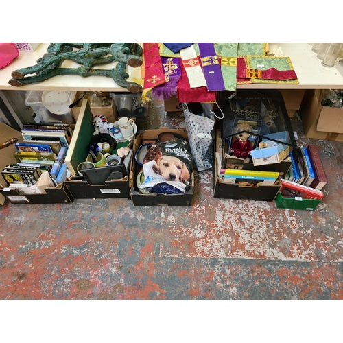 1289 - Six boxes containing books, Compare The Market meerkat soft toys, glazed bonsai tree pots, plastic d... 