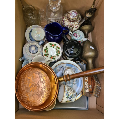 1290 - Two items, one box containing copper bed warmer, glass decanter, brass vase and one boxed ladies hat